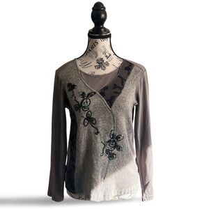 Y2K Grey Lace Beaded Patchwork Long Sleeve Top — medium